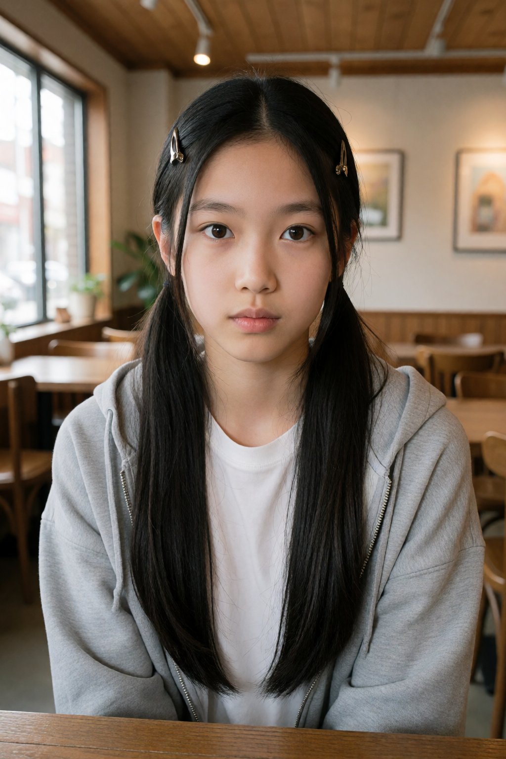 This is a photograph of an Asian woman with long,  straight black hair,  styled in two side ponytails secured with hair cl...