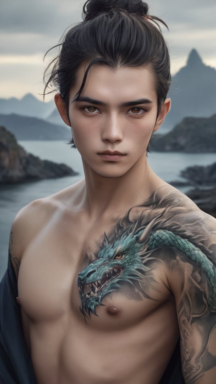 a 20 y.o ancient chinese male swordsman,a hyperrealistic painting inspired by lee jeffries,zbrush central contest winner,hyperrealism,steven mccurry portrait,photography alexey gurylev,alessio albi,prismatic colors,(muscular:1.2),dragon tattoo,metallic luster,ink mountains cloud sea background,