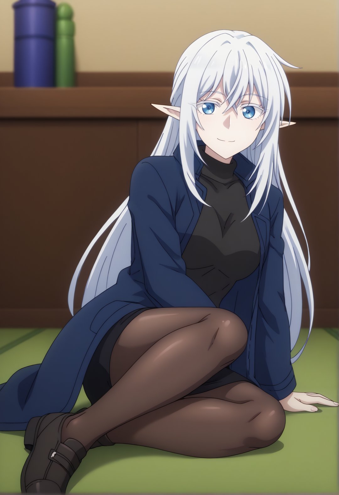 score_9, score_8_up, score_7_up, BREAK source_anime, SchneeV4XL, 1girl, pointy ears, solo, slight smile, looking at viewer, elf, closed mouth, (black coat, coat, open coat), (black sweater, black pencil skirt, shoes), brown pantyhose, colored eyelashes, indoors, dutch angle, sitting on side, <lora:SchneeV4XL:0.85>