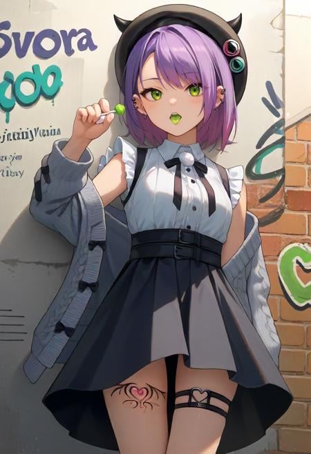 score_9, score_6_up, source_anime, 1girl, solo, towa_casual, jirai kei, frilled shirt, high-waist skirt, black skirt, grey cardigan, beret, fake horns, thigh tattoo, thigh strap, ear piercing, white socks, holding green lollipop, green tongue, leaning on wall, graffiti <lora:tokoyami_towa_sdxl_pony:1>