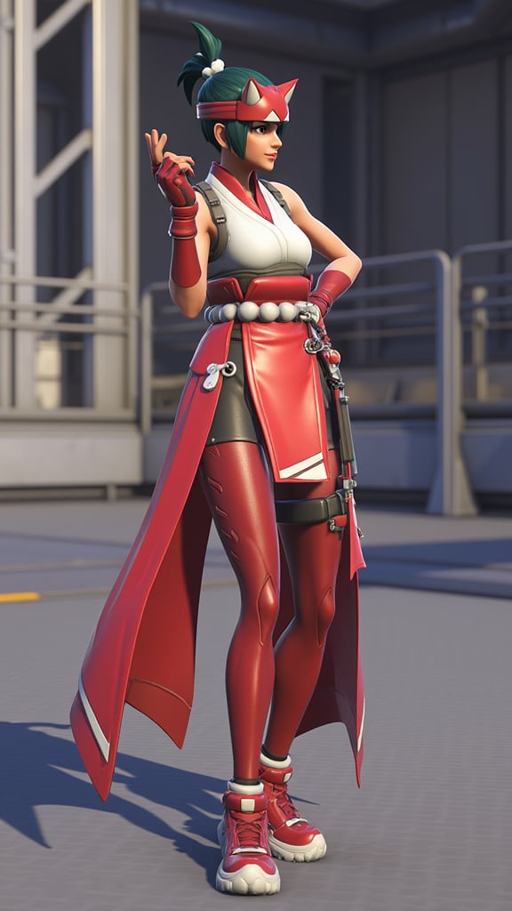 Kiriko a young girl character in the Overwatch video game series is depicted. She stands confidently in a dynamic pose with her right leg slightly forward and her left arm bent at the elbow fingers splayed as if she's about to make a gesture. She wears a vibrant red outfit with white and black accents. Her hair is styled in a short bob and adorned with a red and white headband. Her outfit includes a white sleeveless top with a high collar and a red scarf tied around her neck. A long flowing red cape drapes over her shoulders and down her back adding a sense of movement and dynamism to her appearance. She also wears red fingerless gloves and knee-high red boots with white accents. The background features an industrial setting with metallic structures and pipes suggesting a futuristic or sci-fi environment. The ground appears to be a metallic surface with a grid pattern. The overall color palette is dominated by shades of red white and black complemented by the cool tones of the metallic structures in the background. The image has a high level of detail and vibrancy typical of high-quality digital art, <lora:kiriko-overwatch-2-v3:1>