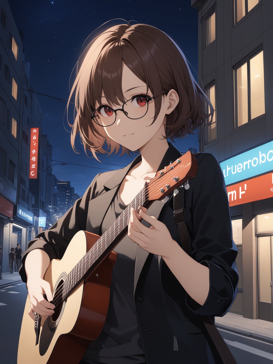 1girl, upper body, standing, playing guitar, medium hair, brown hair, red eyes, black glasses, black jacket, sleeves rolled up, outdoors, city, street, night, night sky