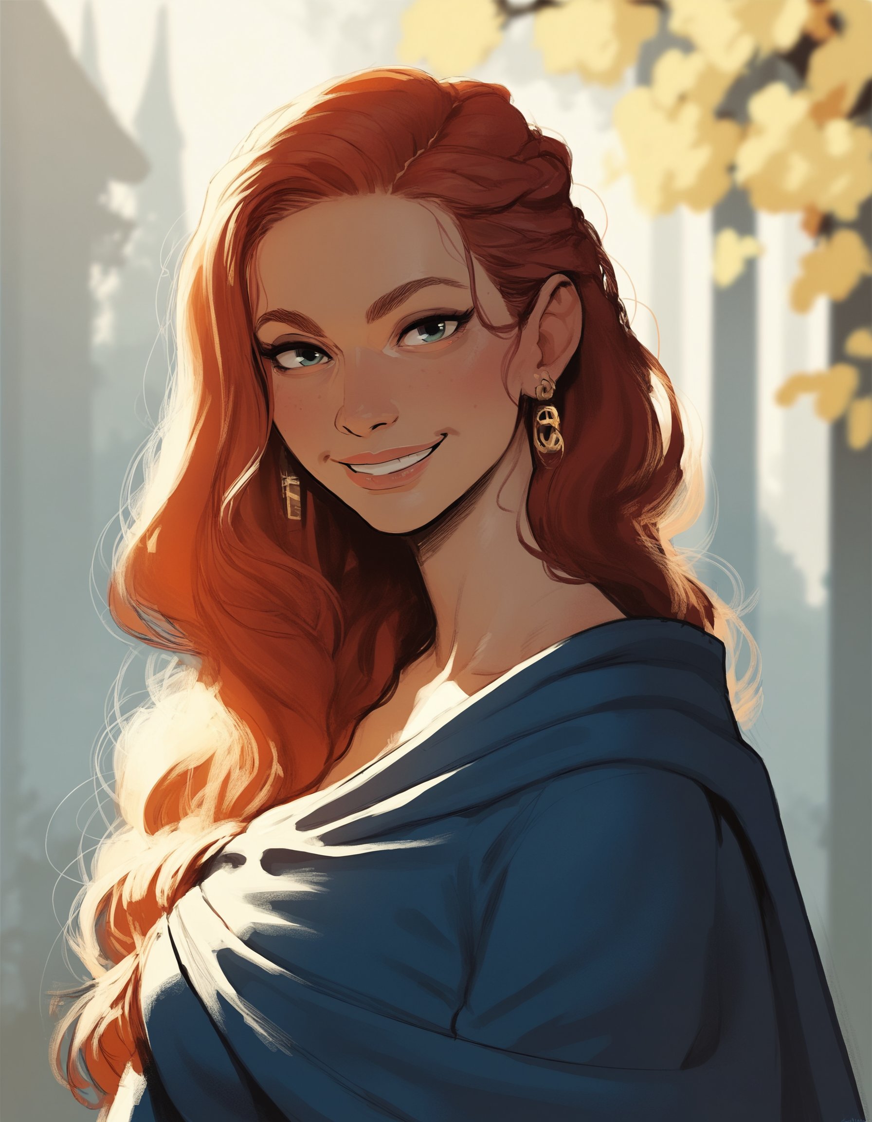 1girl, solo, smile, looking at viewer, red hair, long hair, outdoors, blurred background, blue cloak, gold inlay, earringsBREAKscore_9, score_8_up, score_7_up, score_6_up, score_5_up, score_4_up, source_cartoon, rating_questionable,<lora:incase_style_v2_ponyxl_ilff:0.8>