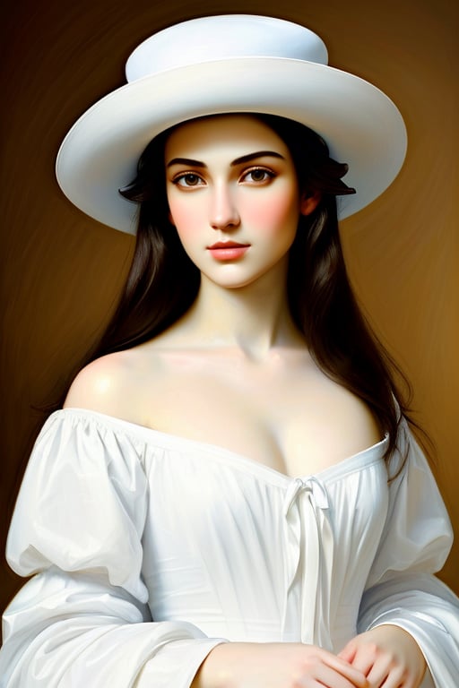 (masterpiece), Create a painting in the style of NeoClassicPortraits. Feature a young woman with dark hair, white hat, the aesthetic considerations of line, color, and form, and emphasize figurative art. Highly detailed face with straight, beautiful nose, clear, beautiful eyes, and smooth skin. Use fully saturated colors.", <lora:NeoClassicPortraits_LoRA_v10-000002:0.6> <lora:NeoBaroque Oil Painting v1.0.7:0.2>