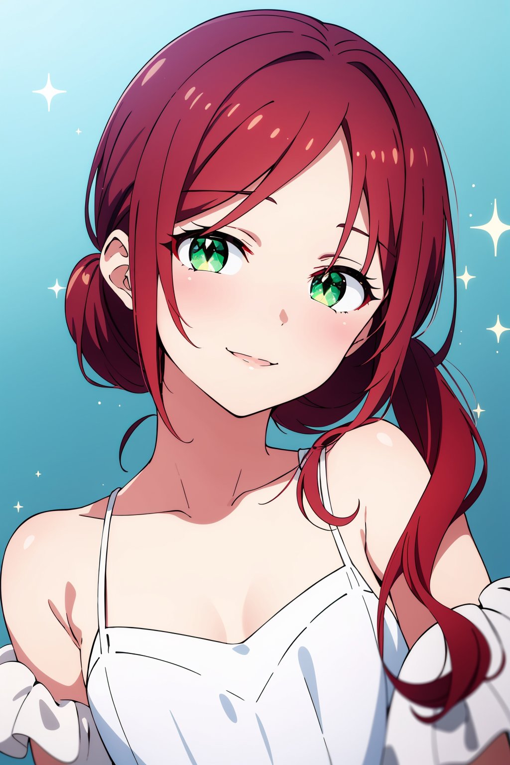 (masterpiece), best quality, expressive eyes, perfect face, solo, long hair, wavy hair, red hair, side ponytail, green eyes, flat chest, white dress, frills, light smile, head tilt, portrait, blue background, gradient background, light particles, sparkle, 