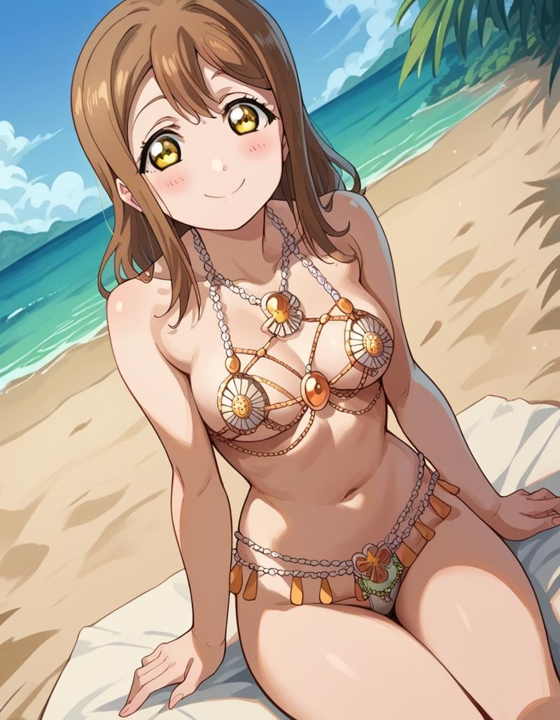 score_9, score_8_up, score_7_up, source_anime, <lora:hanamaru-kunikida-s2-ponyxl-lora-nochekaiser:1>, hanamaru kunikida, long hair, bangs, brown hair, yellow eyes,, <lora:venus-bikini-ponyxl-lora-nochekaiser:1>, venus bikini, fortune bikini, naked jewelry, navel,, beach, sitting, smile, blush,, , cowboy shot, dutch angle