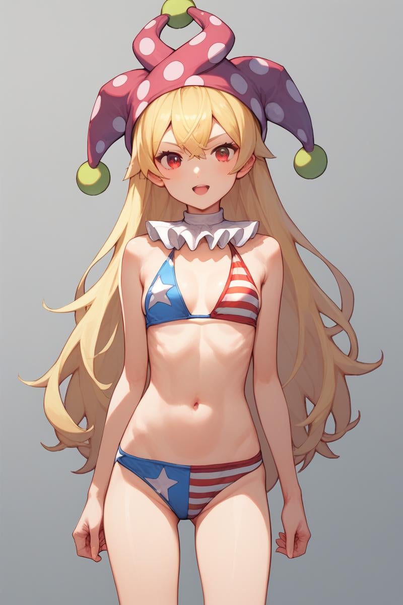 score_9, score_8_up, score_8, score_9, 1 girl,  source_anime, <lora:clownpiece_pony-10:1>, jester cap, neck ruff, blonde hair, american flag bikini, clownpiece, red eyes, long hair, small breasts, 