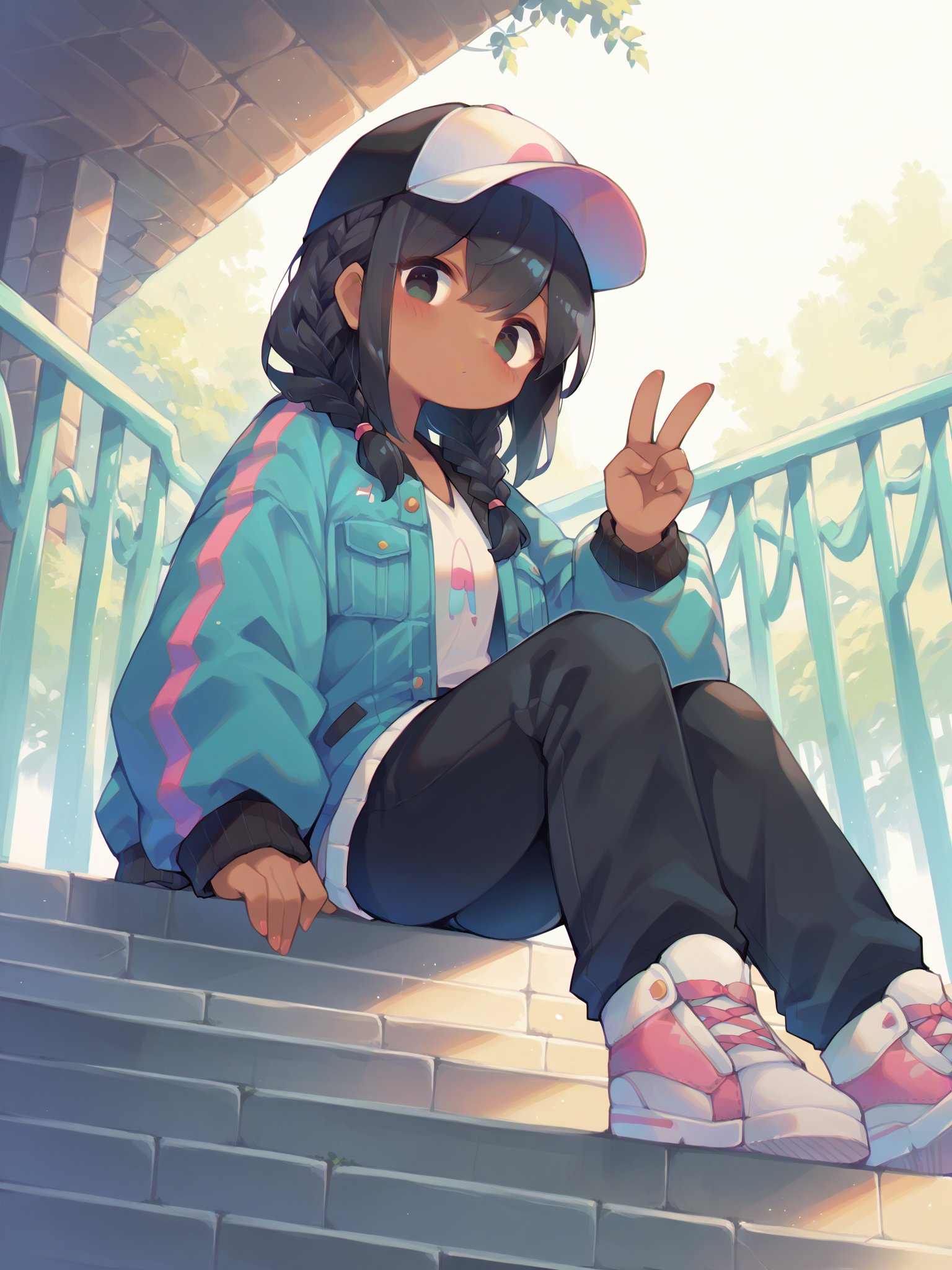 score_9, score_8_up, score_7_up, score_6_up, score_5_up, score_4_up, source_anime, rating_safe, embedding:zPDXL2, 1girl, solo, dark skin, black hair, braid, baseball cap, bomber jacket, stairs, sitting on stairs, peace sign, (dutch angle, tilted:1.3)