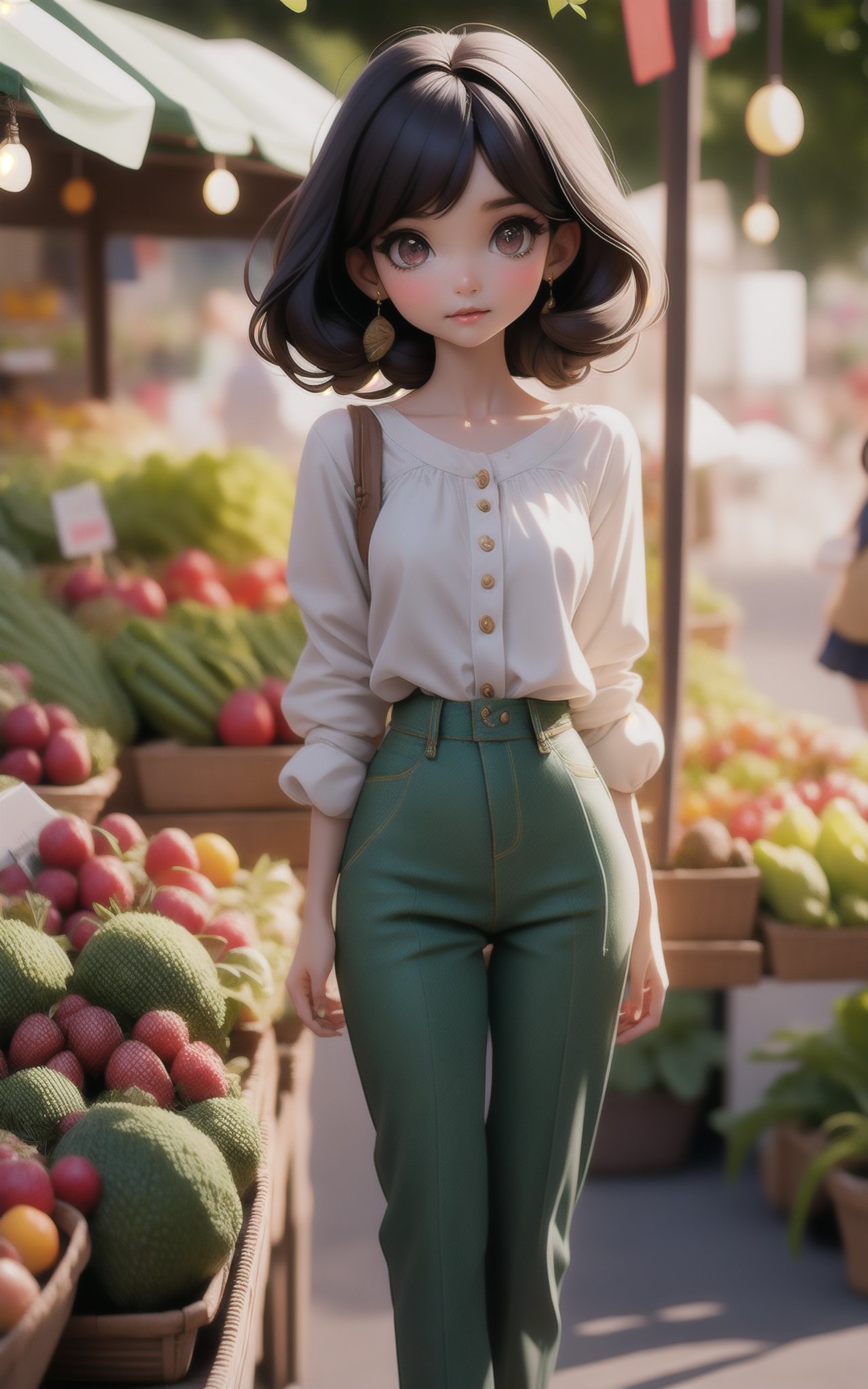 1girl,Long U-Cut Hairstyle,A bustling farmer's market, full of fresh, organic produce and modern, eco-friendly stalls,Ruffle blouse and cropped trousers,Melancholic facial expression,dynamic attitude,