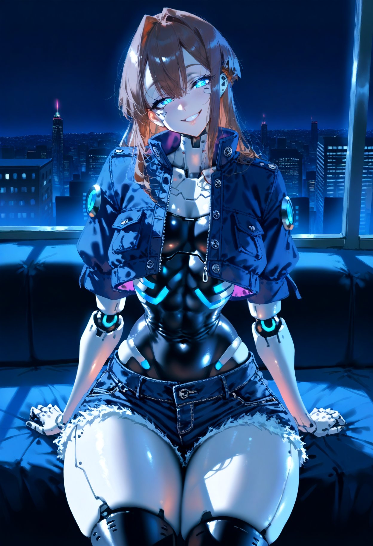 score_9, score_8_up, score_7_up,  1girl, solo, looking at viewer, half-closed eyes, furrowed brow, smile, seductive smile, head tilt, short shorts, denim shorts, sitting, hands on lap, bangs, robot girl, thick thighs, mature female, backlighting, cyborg, techwear, cropped jacket, neon lights, neon trim, city lights, bedroom, window, cityscape, eye contact, cyberpunk, clothes pull, glowing eyes, circuit, industrial pipe, indoors, flat chest, long hair, hair between eyes, midriff, obliques, [[[[abs]]]], narrow waist, shiny skin, brown hair, blue eyes, blue theme, toned, android, dark theme, night, dark, shadow, seams, robot joints