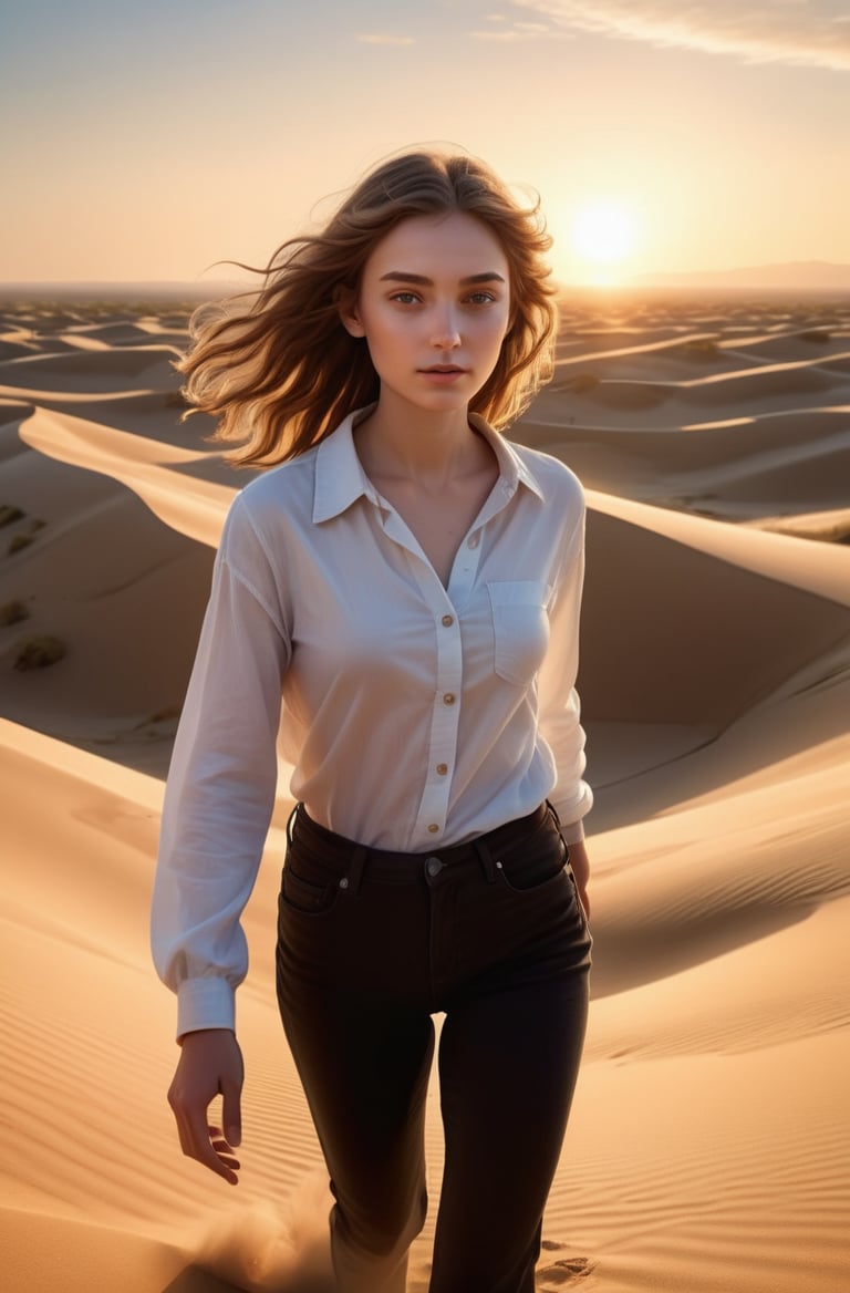 masterpiece of photorealism, photorealistic highly detailed 8k photography, best hyperrealistic quality, volumetric lighting and shadows, ringlets light brown hair young woman in casual clothes, Desert Sand Dunes at Sunrise full of busy people, Dynamic Aerial Panorama over Water