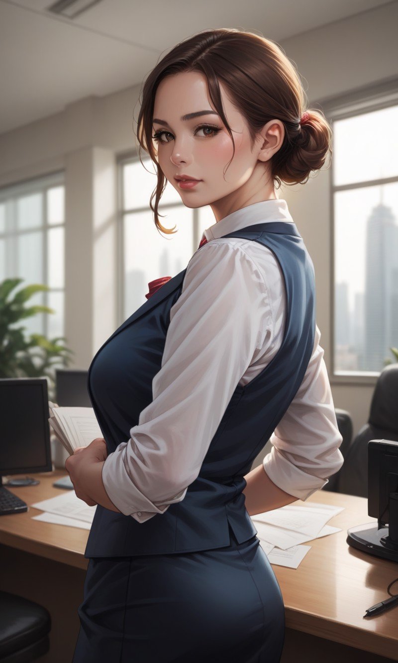 score_9, score_8_up, score_7_up, score_6_up, score_5_up, score_4_up, source_anime, BREAK, 1girl, matured female, brown eyes, huge breasts, vest, bow, photo, realistic, best quality, hires, detailed face, office, buildings from window, detailed background, diffused sunlight, depth of field, bokeh