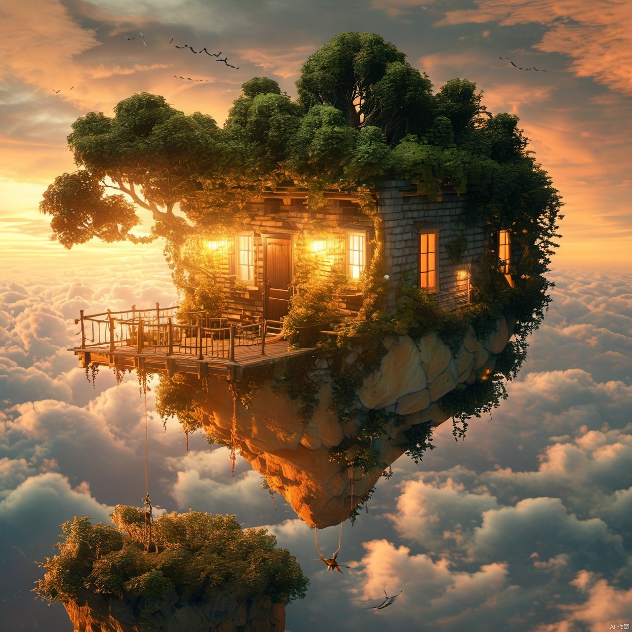 The image showcases a breathtaking scene of a house suspended in mid-air above a vast expanse of clouds. The house is built on a rocky outcrop and is adorned with lush greenery, including trees and shrubs. The house has multiple windows, some of which are illuminated, suggesting that there might be inhabitants inside. A wooden deck extends from the house, providing a vantage point to gaze upon the clouds below. The sky is painted in hues of orange and pink, indicating either a sunrise or sunset. Birds can be seen flying in the distance, and there's a rope dangling from the house, possibly for climbing or descending.<lora:EMS-342266-EMS:1.000000>