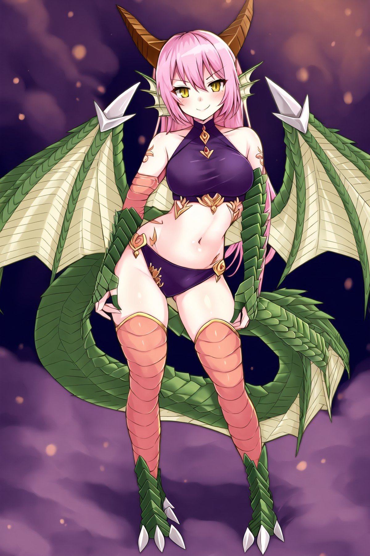 1girl,  dragon girl, scales, dragon horns, dragon tail, dragon wings, full body, smile,, masterpiece, best quality, masterpiece,