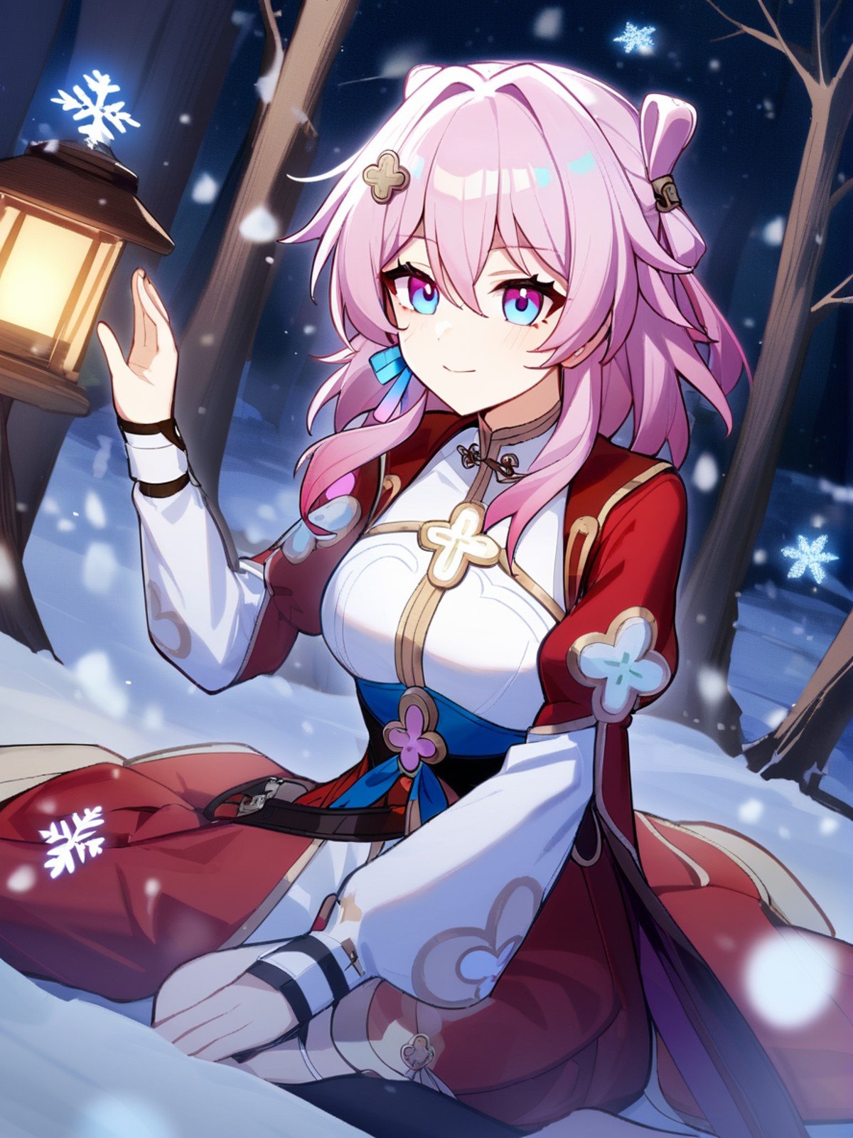 1girl,   harmony, march 7th \(hunt\) \(honkai: star rail\), solo, diffraction spikes, outdoor, (yoga:1.2), (zen:1.1), nature, (balance pose:1.2), peaceful, red sleeves, lamp, choker, snowing, dress, tree, long hair, snow, winter, detached sleeves, lens flare, white dress, forest, snowflakes, white choker, purple hair,   safe <lora:mki-ani31-march_7th_hunt-v4:1>