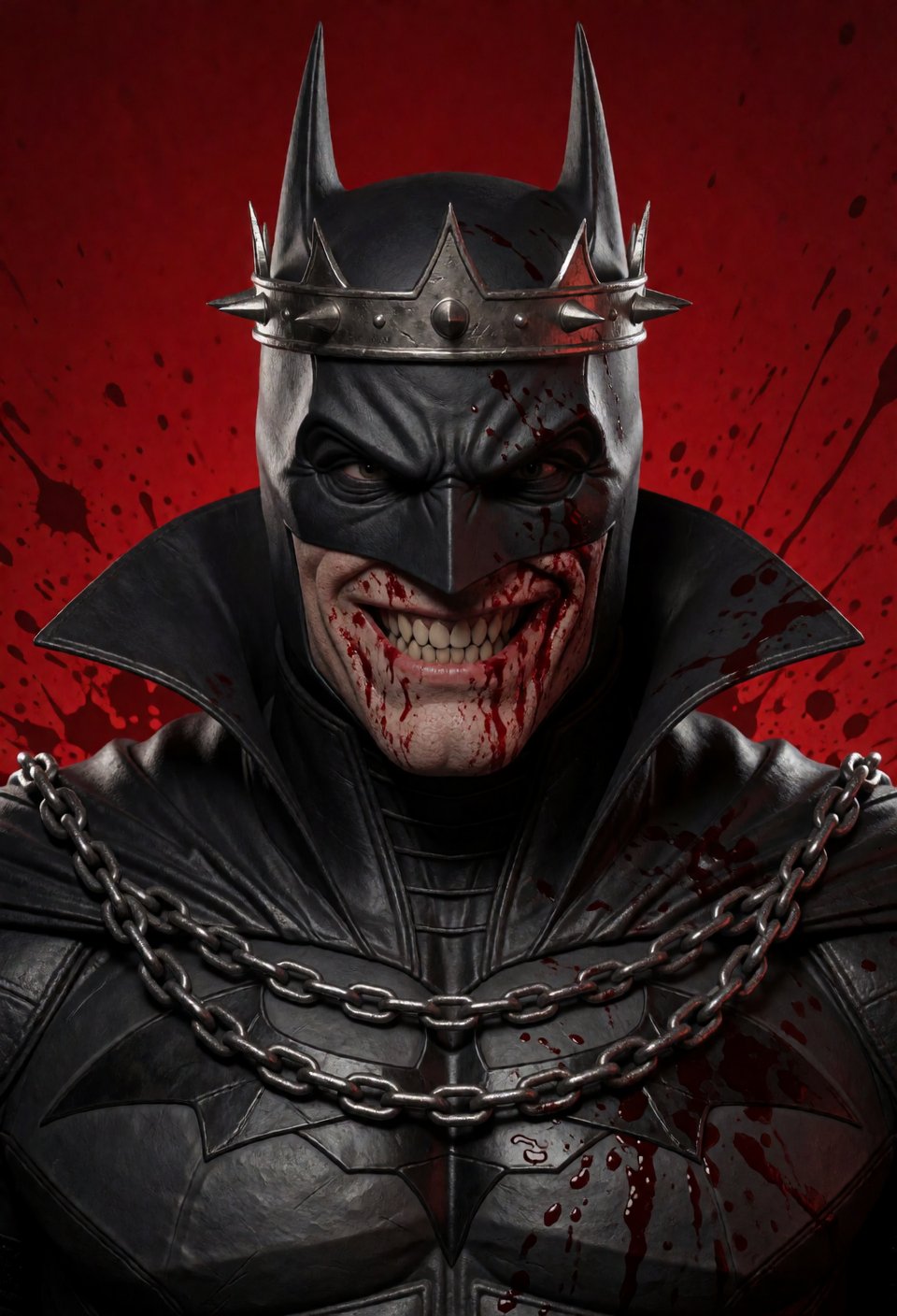 A realistic,  front-view portrait of a solo male character resembling a dark,  sinister version of Batman. He wears a blac...