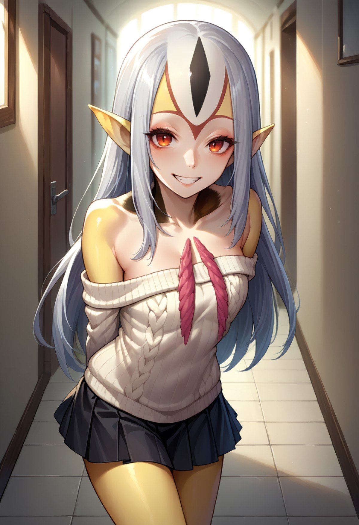 score_9, score_8_up, source_anime, 1girl, solo, Mutio, white hair, long hair, monster girl, multicolored skin, yellow skin, black hands, white sweater, off-shoulder, looking at viewer, black skirt, pleated skirt, hallway, grin, arms behind back, leaning forward, <lora:ChamMutioPonyXL:1>