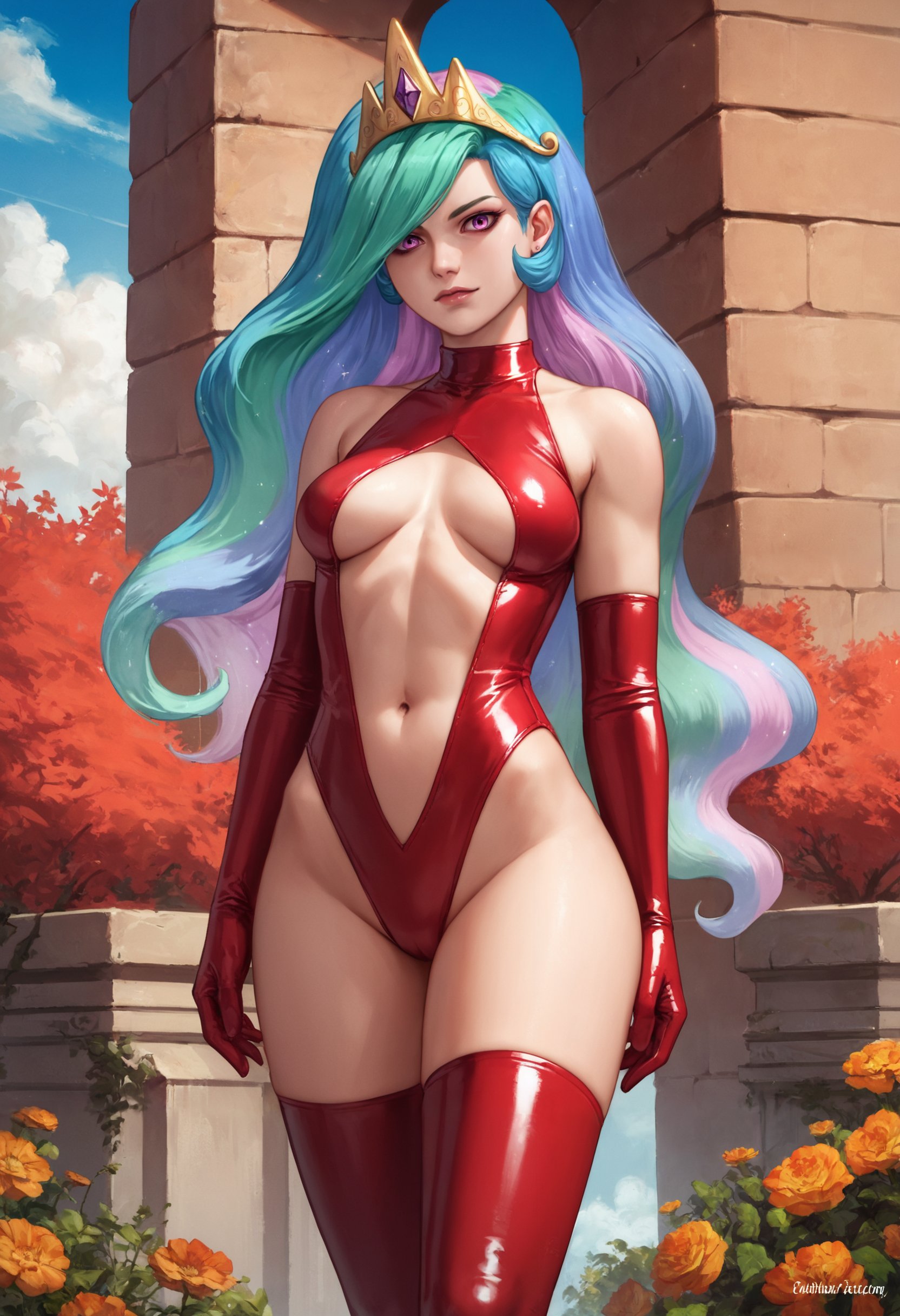 zPDXL, source_anime, 1girl, human celestia,red latex princess, thighhighs, elbow gloves, breasts apart, standing, cowboy shot, thighs, outdoors, blue sky,<lora:latex-princess-ot6-1560:0.8>