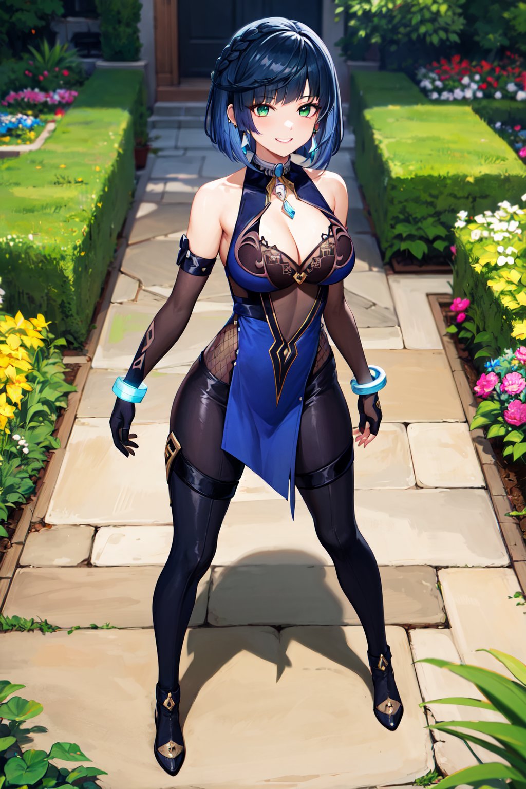 masterpiece, best quality, highres, aayelan, short hair, bob cut, braid, green eyes, earrings, jewelry, cleavage, blue dress, bodysuit, sleeveless, bracelet, asymmetrical gloves, fingerless gloves, elbow gloves, pelvic curtain, <lora:yelan_v1:0.7>, from above, standing, full body, garden, grin