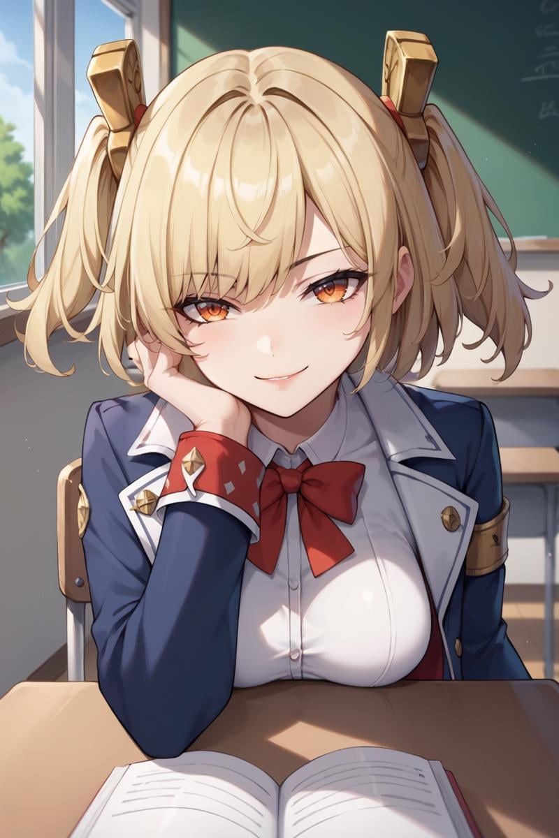 score_9, score_8_up, score_7_up, source_anime, 1girl, prefect lighting, very aesthetic, intricate details, highly detailed background, masterpiece, high quality, prefect hands, best quality, solo,<lora:Burnice_ZZZ_V1:.85>, KJOburnice, blonde hair, orange eyes, twintails, two side up,White school uniform, blue pleated skirt, kneehighs, long sleeves,sitting, at desk, head rest, smug, head tilt, pov across table,School, classroom, window, sunny, tree,(Beautiful, medium Breasts:1.2), natural breasts,