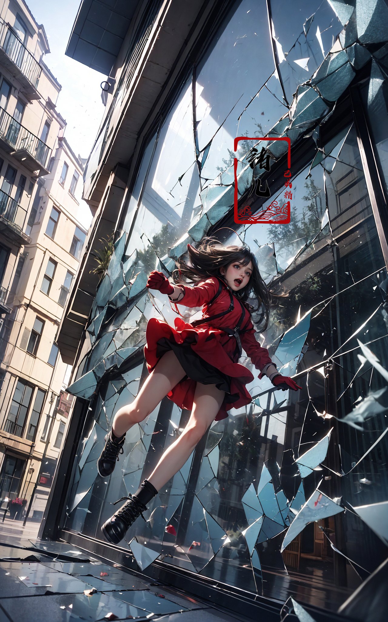 jumping，midair, 1girl, open mouth, outdoors, building, (broken glass:1.5), shoes, red gloves,<lora:绪儿-跳跃构图 jumping:0.8>