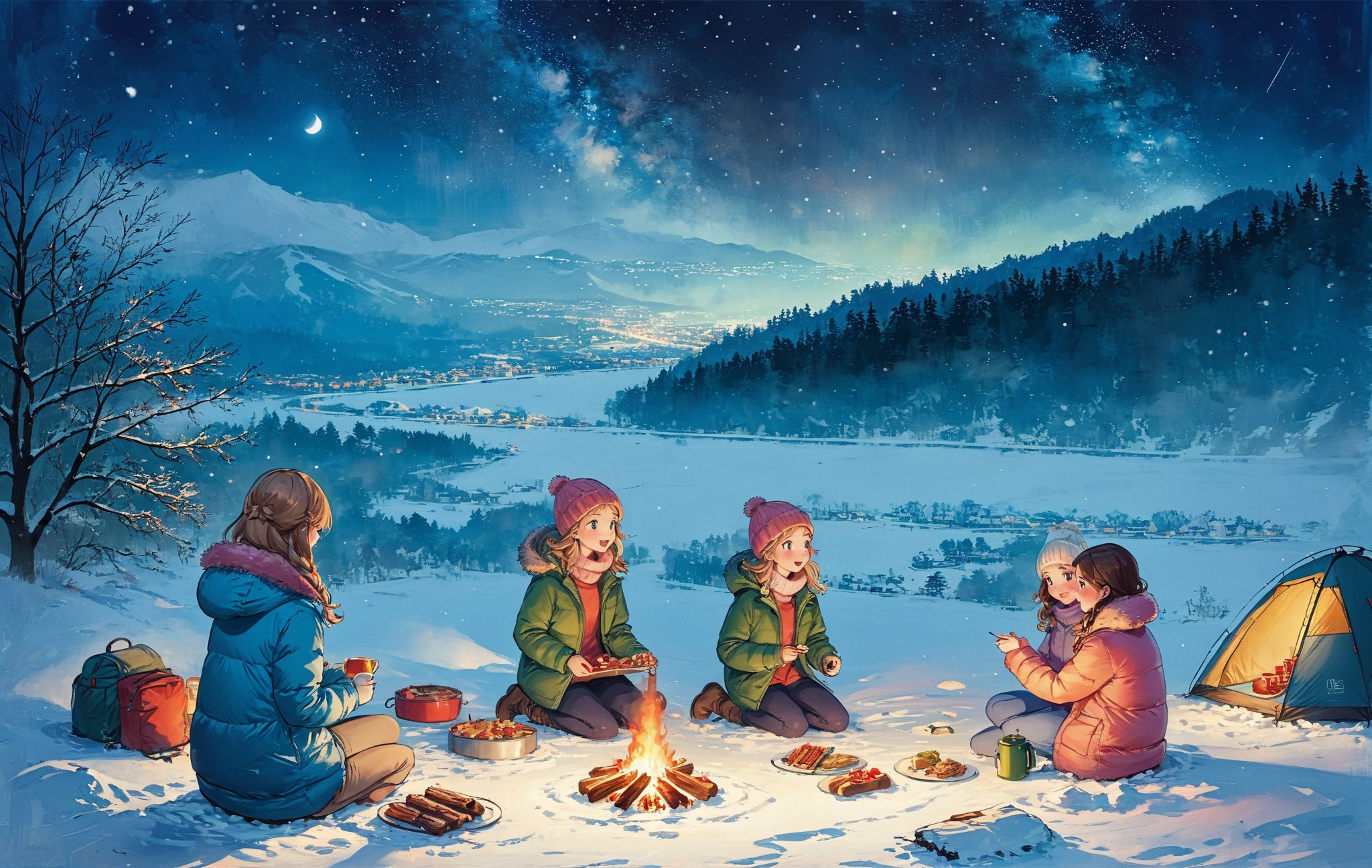 (5 girls watching and playing with each other), whole body (Laurie: 1.2), camping, picnicking, barbecue, barbecue, winter, snow, night, masterpiece, best quality,Illustration 