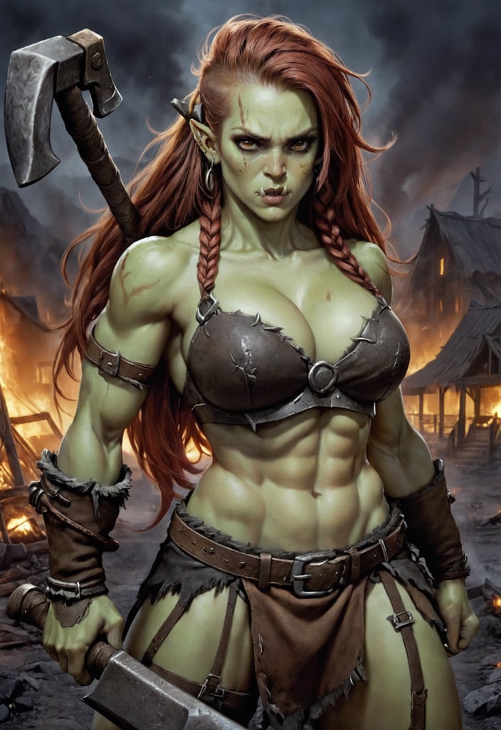 1girl, beautiful female orc, large fangs, fangs out, breasts, with a big axe in her hand, village on fire, ash, outdoors, night , looking_down, looking_at_viewer, standing, cowboy shot, abs, toned, absurdly long red hair, braids, amber eyes, dynamic pose, green hair, hair tied back, fantasy, epic, sexy  <lora:femaleorcv1-000001:1>