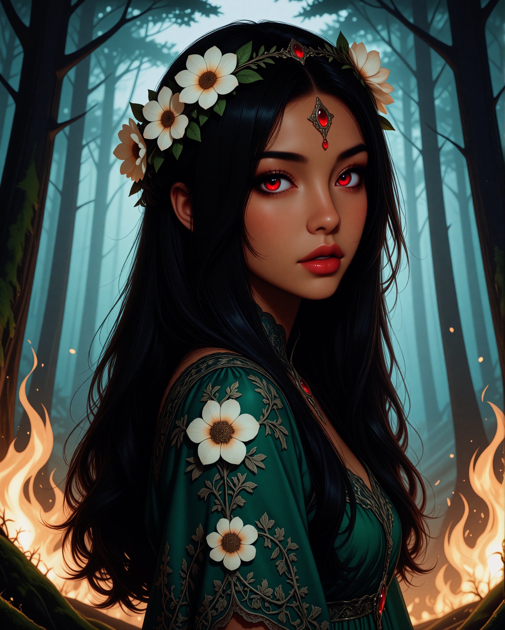 A beautiful woman with long black hair,  adorned with a floral crown,  stands in the middle of the image by miaomiao on Te...