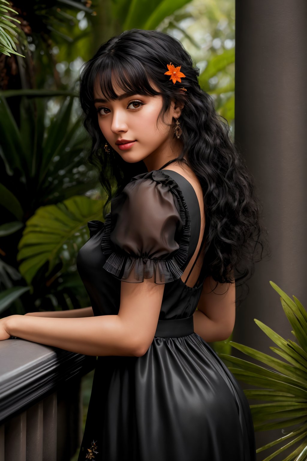 masterpiece, highly detailed 8k, best quality, volumetric lighting, volumetric lighting, intricate, Jet black medium hair young woman in Steel Gray rfdrss, Stellar, Monarch Orange eyes, Tropical Bird Sanctuaries background <lora:ruffled dress v4.3-000007:1>