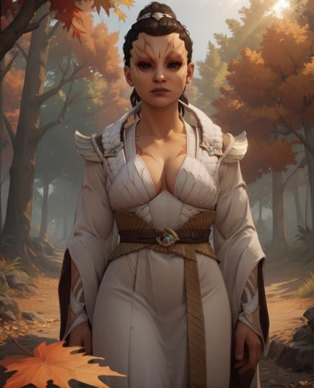 score_9,score_8_up,score_7_up,score_6_up,ashrah,black hair,white robes. gold trim,cleavage,black eyes,facial mark,standing,morning,autumn,forest,<lora:ashrahMK1-XL10:0.8>,