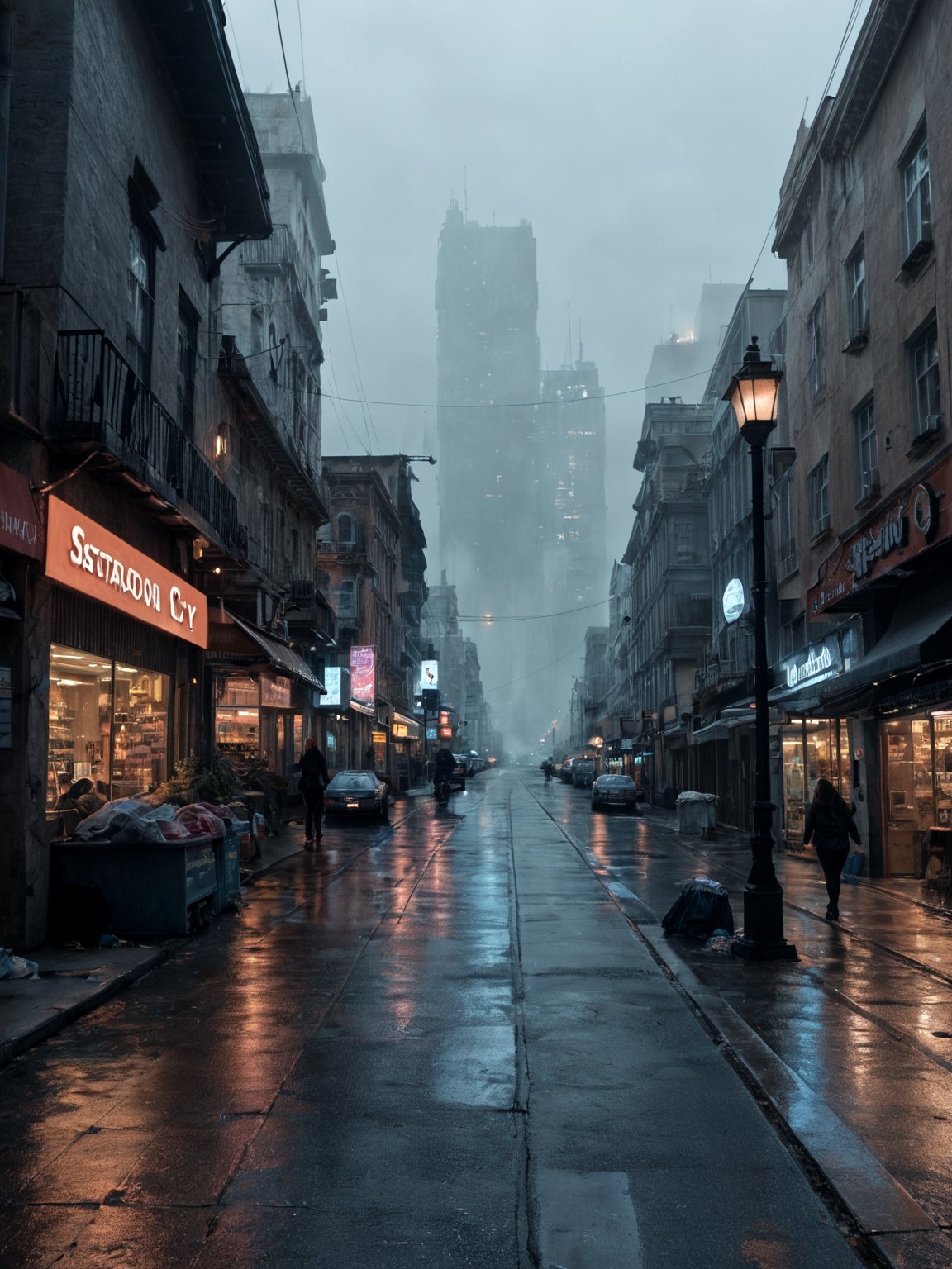 score_9, score_8_up, score_7_up, realistic lighting, photo, photorealisticdark futuristic scenery, atmospheric fog, moonlight, futuristic city, dirty busy streets with open shops, trash on street, run down buildings, (postapocalyptic city:1.3)