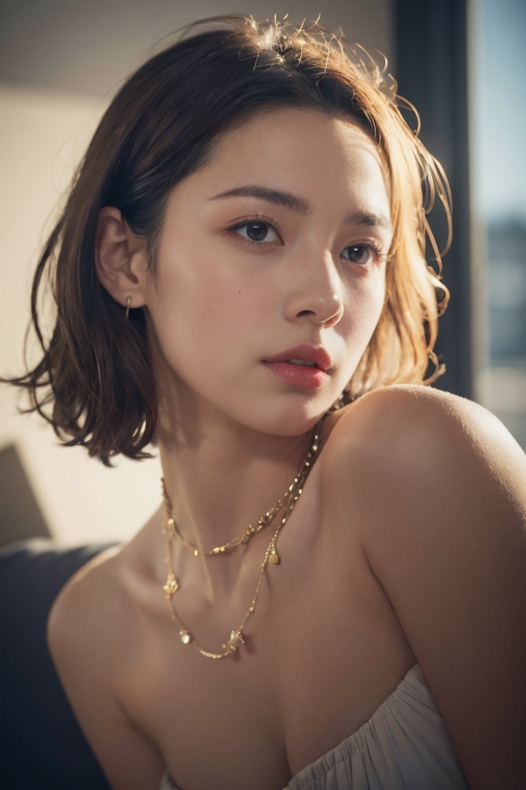 fashionphotographyportraitof1girl,offshoulder,fluffyshorthair,softlight,rimlight,beautifulshadow,lowkey,(photorealistic,rawphoto:1.2),(naturalskintexture,realisticeyeandfacedetails),hyperrealism,ultrahighres,4K,Bestquality,masterpiece,necklace,(cleavage:0.8),inthedark<lora:pailide3-000005:0.8>,, masterpiece,best quality,highres,8k uhd,