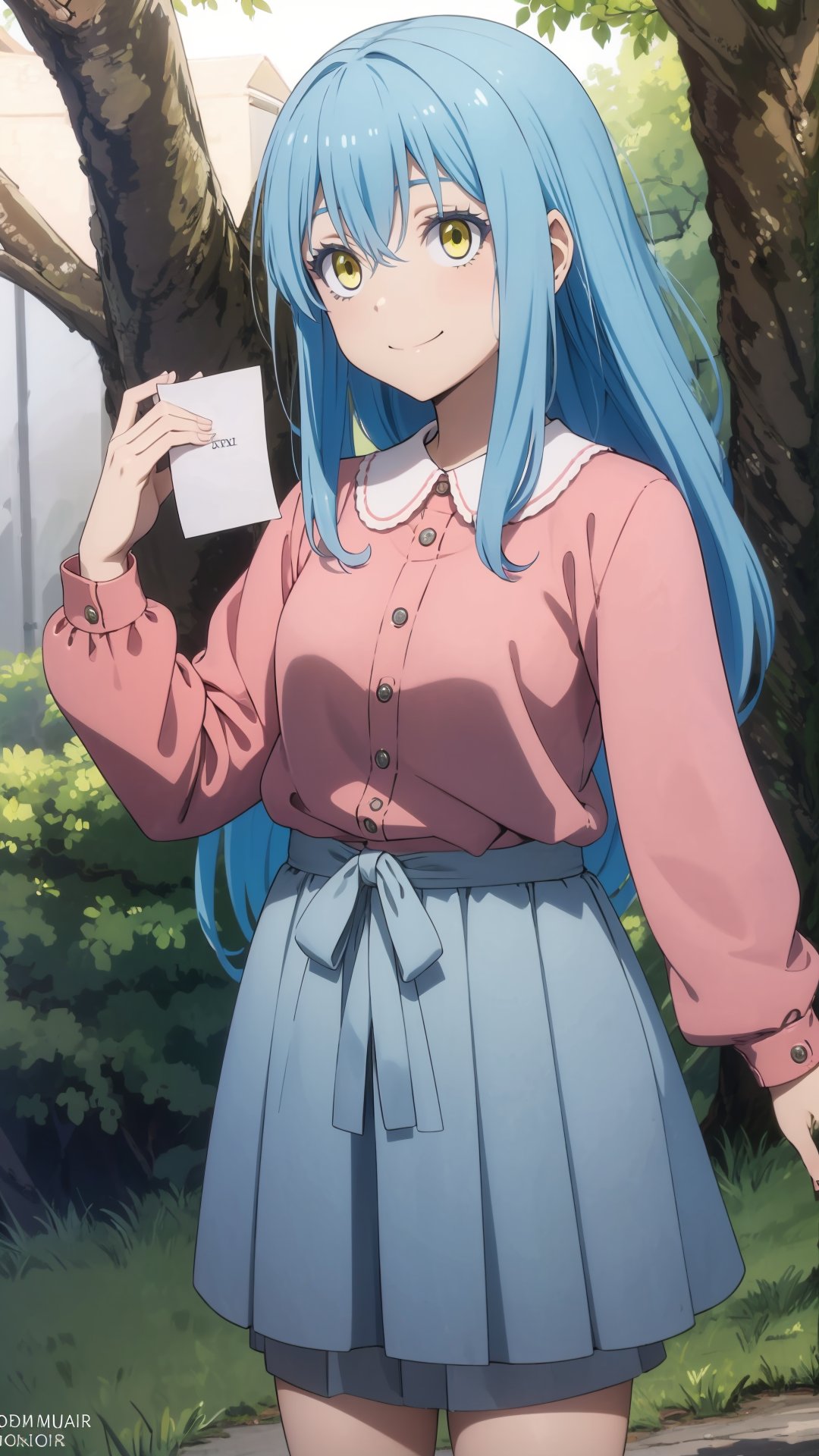 (masterpiece, best quality), ray tracing, absurdres, HDR,rimuru clothes, long hair, blue hair, yellow eyes, shirt, closed mouth, red shirt, 1girl, breats,holding, rimuru tempest, skirt, bangs, pink shirt, smile, solo, hair between eyes, grey skirt, long sleeves, collared shirt, holding clothes,blush ,<lora:rimuru_clothes01:0.7>