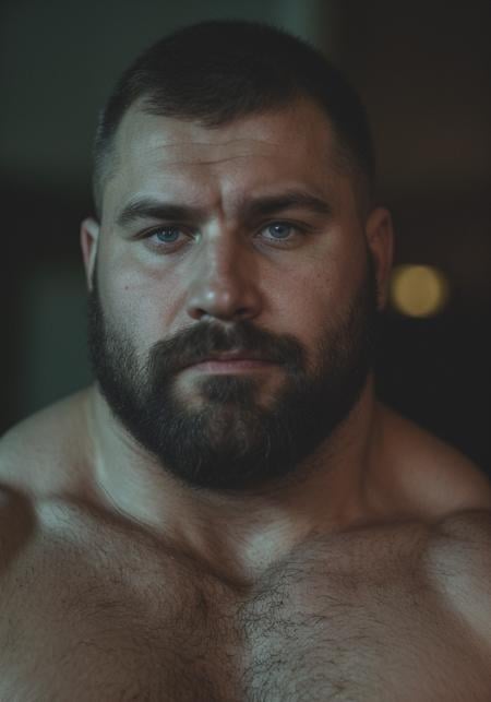 Highly detailed, [Portrait-photojournalism], GS-Masculine, (A 250lbs russianbodybuilder:hairymusclebear), Black hair, fuzzy eye brows, [[blue-eyes, pupils]], round face, [subble]+goatee, Stocky:burly, muscle_bear. skin pores, imperfect skin. Russian military extremist, (KGB Special ops), ussr, staligrad, Ambient light, Bloom, Canon EOS R6, Nokton 70mm f1.1, [Strong shapes composition], Cinestill 800T, Vignette, award winning quality