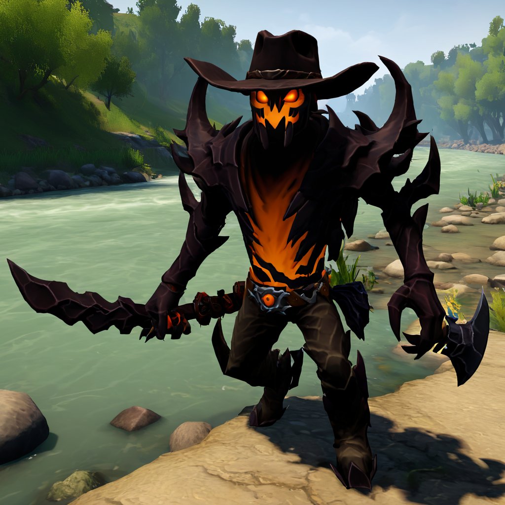 <lora:Shadow Fiend SDXL:1> ShadowFiend, near a river, wearing cowboy hat