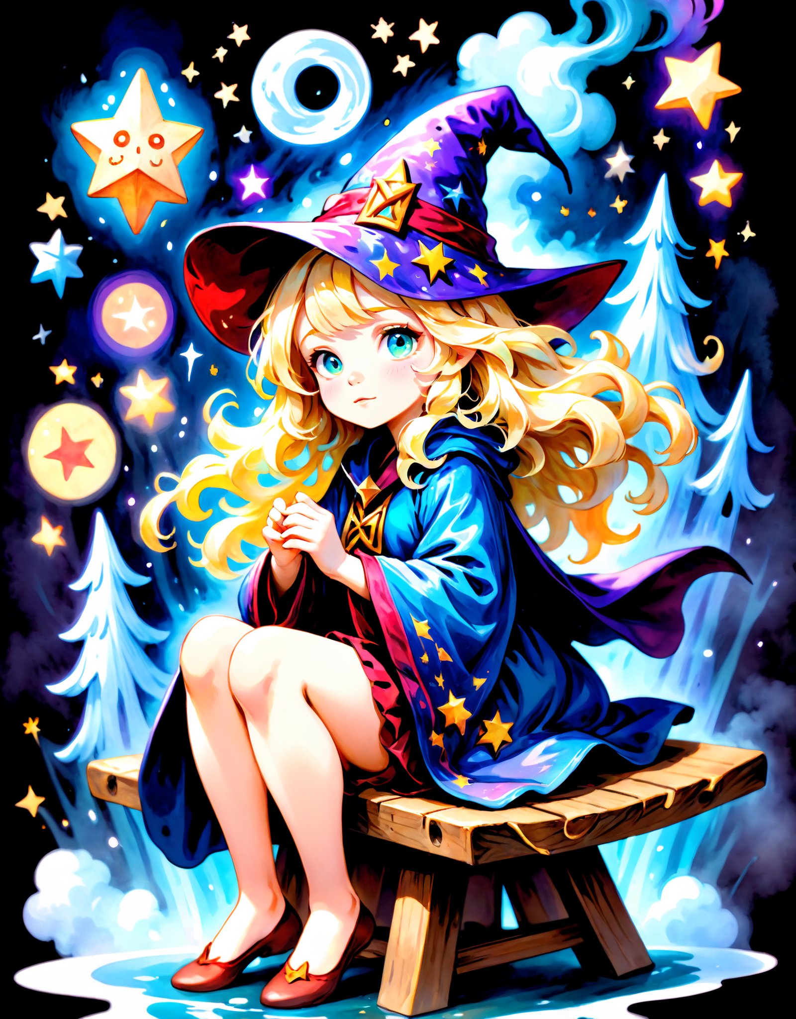 portrait,water color of A blonde wizard girl with wavy hair, wearing a pointy hat and a long robe covered in mystical symbols, sitting on a wobbly wariza stool. The background is filled with doodles resembling a magical forest, flying clouds, and colorful stars in a childlike art style.