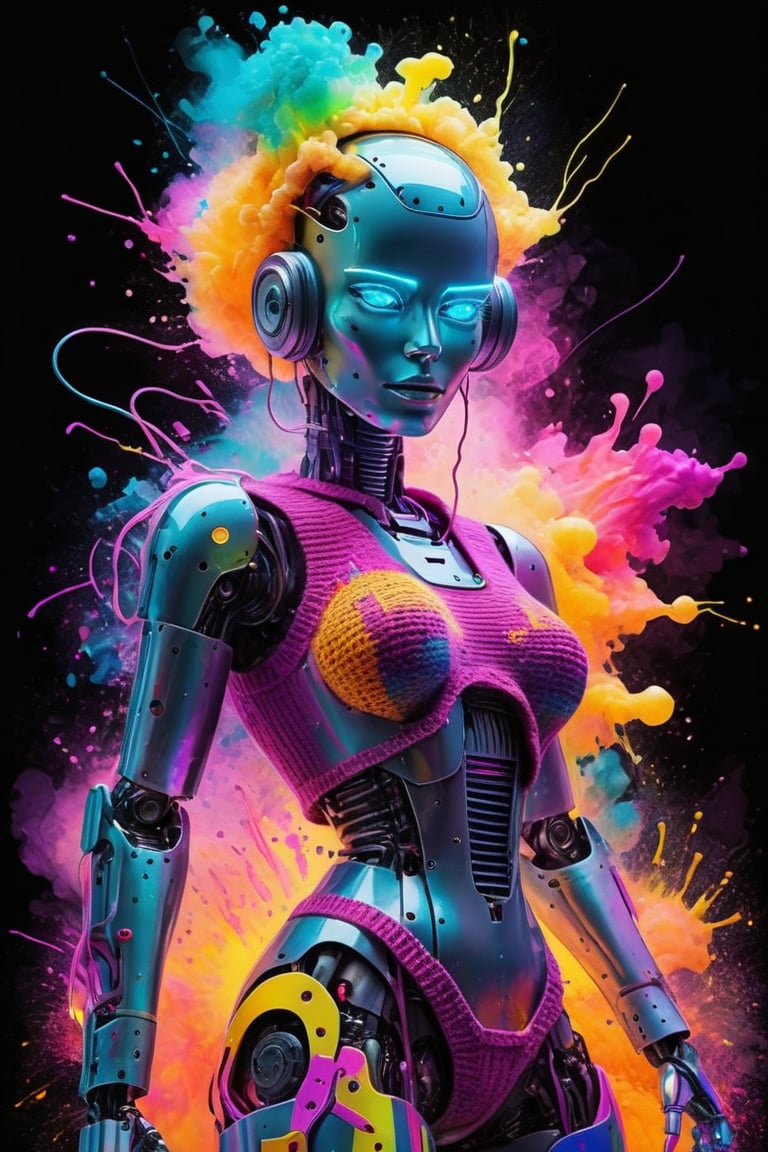 neon watercolor knitted woman,robot apocalypse, futuristic robot dollcore glowwave digital art, electrified color splash, explosion of vibrant luminous colors