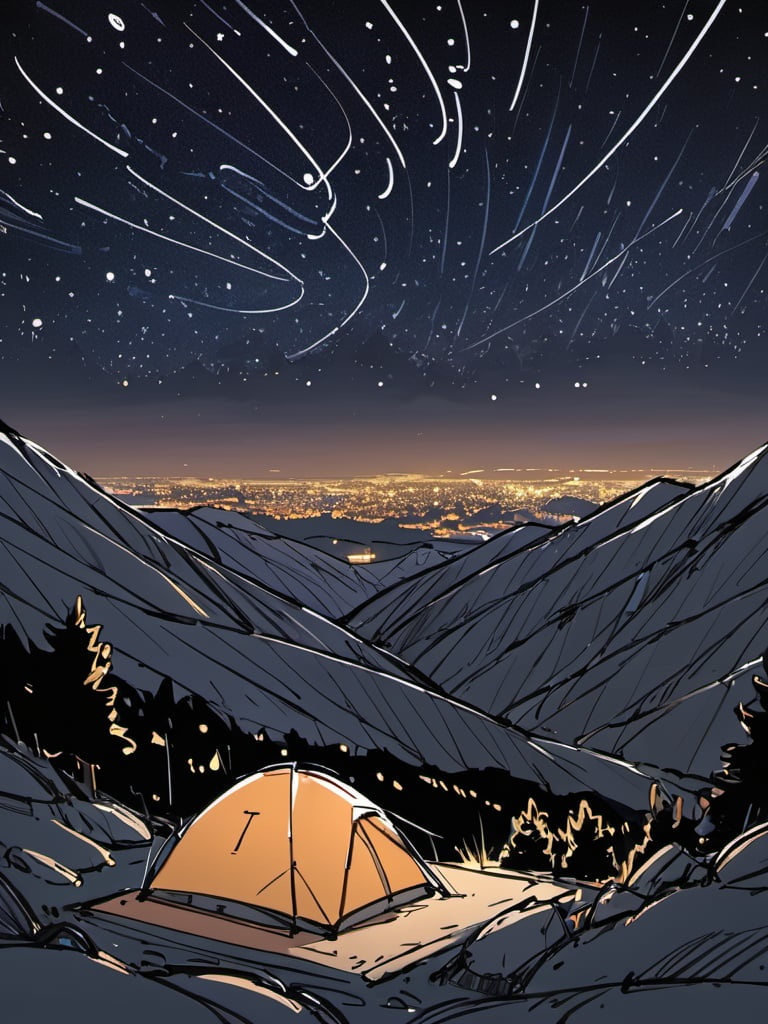 <lora:luXL毛躁手绘Fuzzylines_lora_resized:0.6>, fuzzylines, sketch, view of a camping site on the top of a mountain, under the starry sky, dark night,