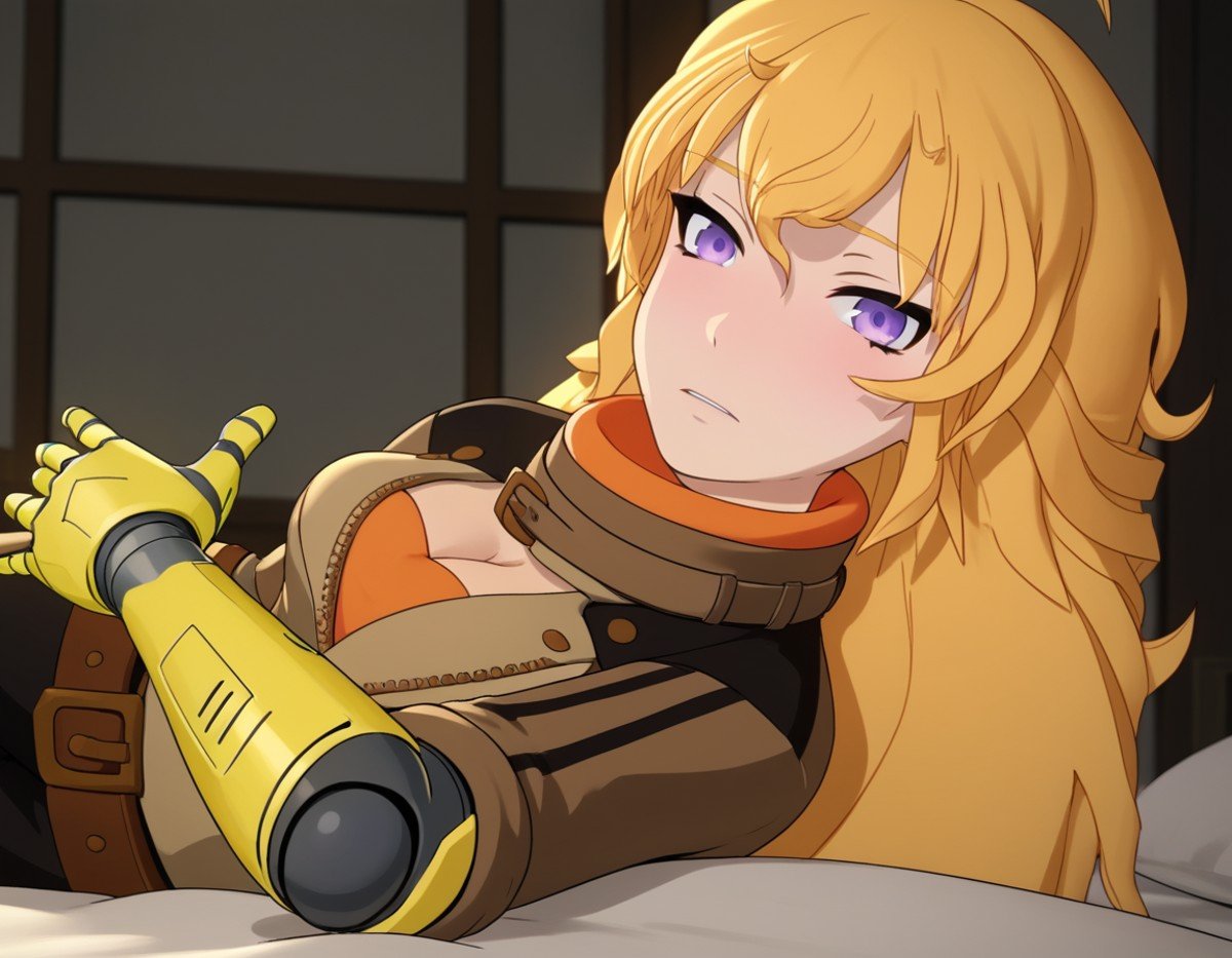 score_9, score_8_up, score_7_up, source_anime, <lora:yang-xiao-long-ponyxl-lora-nochekaiser:1>, yang xiao long, long hair, blonde hair, purple eyes, ahoge, bangs,, cleavage, jacket, belt, mechanical arms, single mechanical arm, prosthesis, prosthetic arm,, indoors, bed, bed room, on side, blush, drunk, looking at viewer, solo, cowboy shot, dutch angle