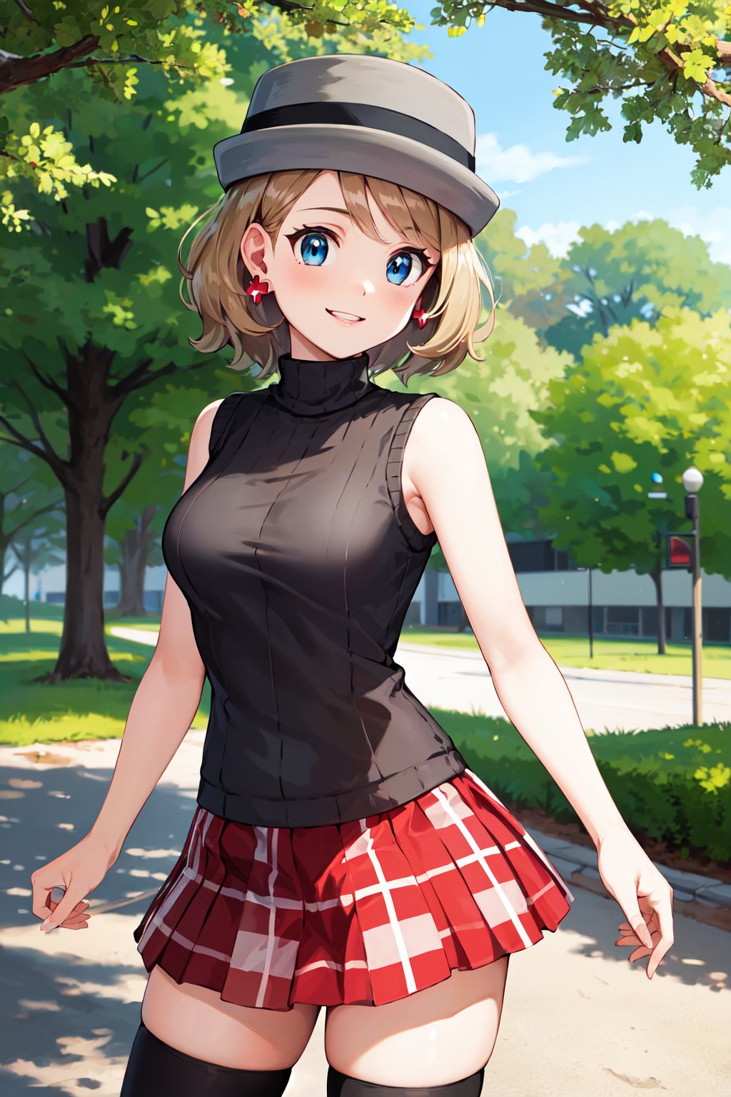 masterpiece, best quality, highres, ccserena, solo, short hair, (grey headwear:1.2), earrings, eyelashes, blue eyes, grey sweater, sweater vest, sleeveless turtleneck, bare arms, plaid skirt, red skirt, black thighhighs, <lora:serena_(pokemon)_v2:0.7>, standing, cowboy shot, smile, outdoors