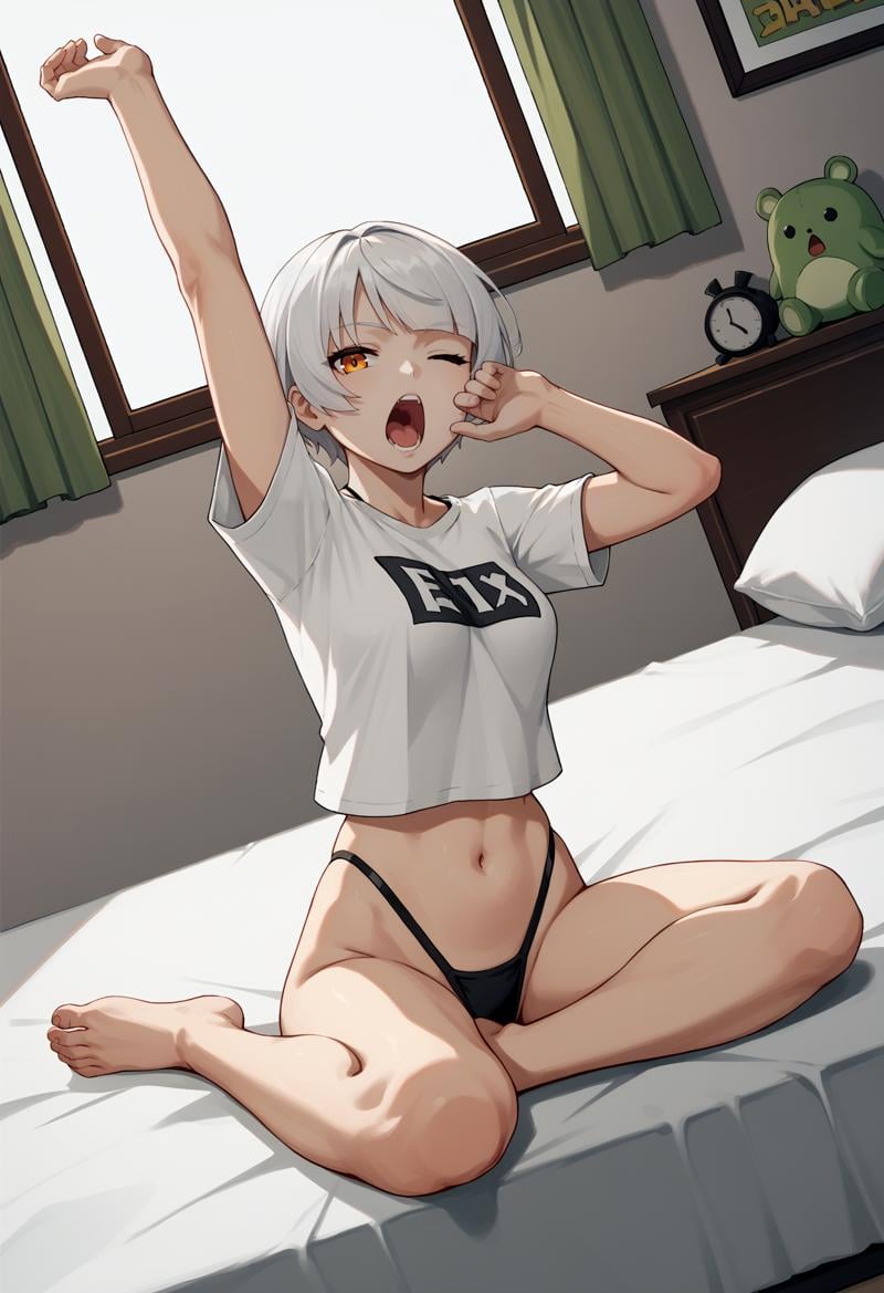 score_9, score_8_up, score_7_up, score_6_up, source_anime, BREAK dutch angle, full body, 1girl, <lora:Anby_Demara-zzz-LoRA-v1:1> anby, short hair, white hair, orange eyes, t-shirt, white shirt, short sleeves, medium breasts, midriff, highleg panties, on bed, sitting, stretching, yawning, one eye closed, looking at viewer, bedroom,