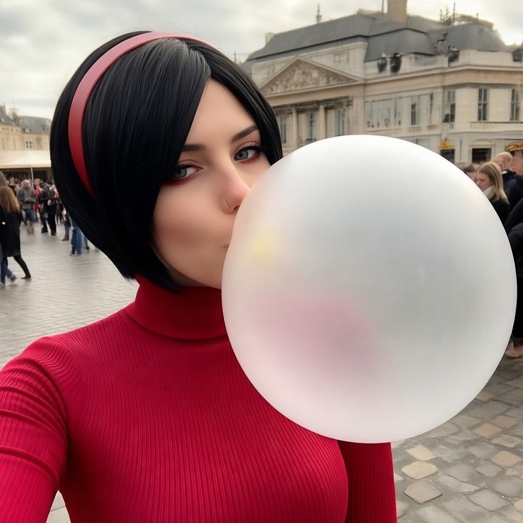 Medium shot of a female in Ada Wong cosplay blowing giant bubblegum by Loon_rider on Tensor.Art