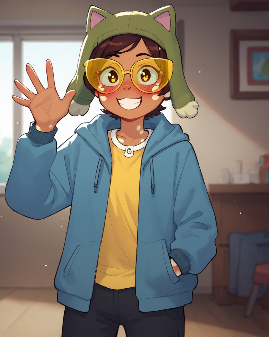 score_9, score_8_up, score_7_up, score_6_up, <lora:Vee_The_Owl_House:0.7>,veetoh,open hoodie, blue hoodie, yellow shirt, pants, cat hat, brown hair, short hair, yellow eyes, white spots on face, yellow sunglasses, luzvee, upper_body, blush, soft smile, indoors, hand on pocket, waving, looking at viewer