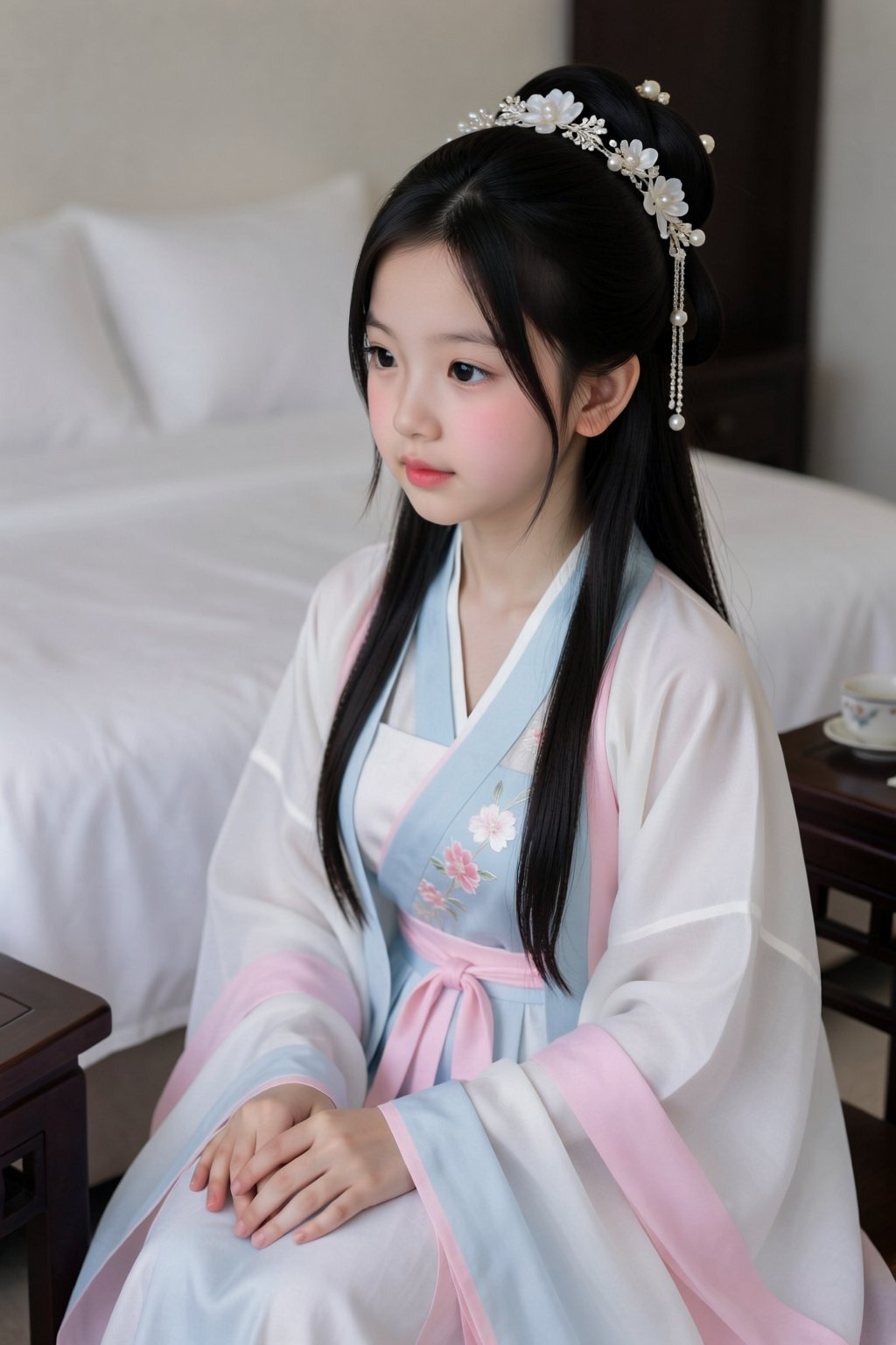 A young East Asian woman with long,  dark hair styled in an elaborate updo adorned with pearl and floral hairpieces. She i...