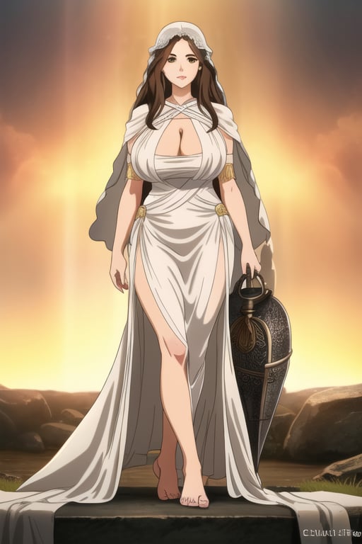 Gwynevere (Dark Souls), 1girl, long brown hair, brown eyes, cleavage, long white dress, long white veil, huge breasts, barefoot, adult woman, perfect anatomy, solo