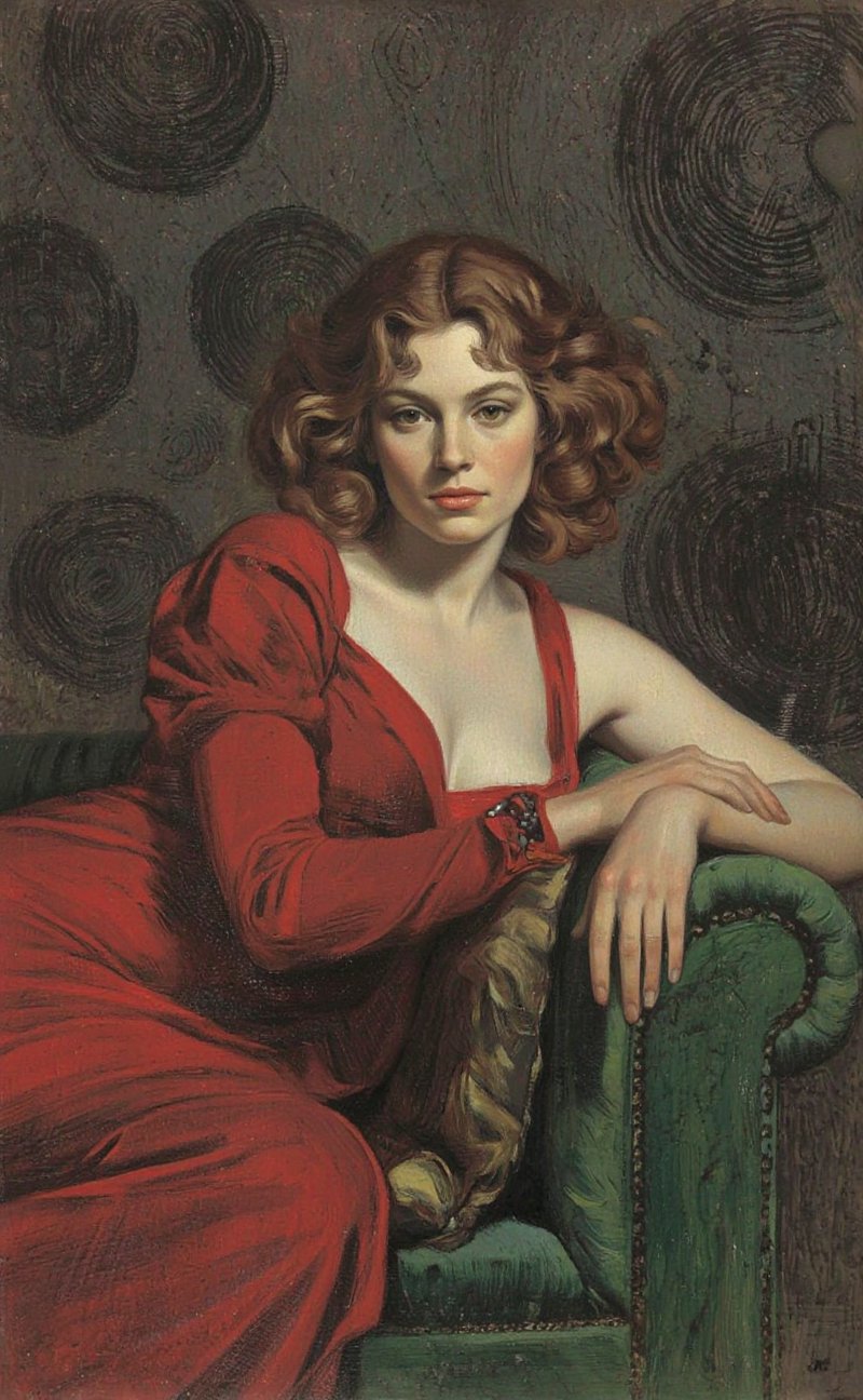RobGin style. A painting of a woman sitting on a green couch,  painted in a realistic style with a focus on texture and co...