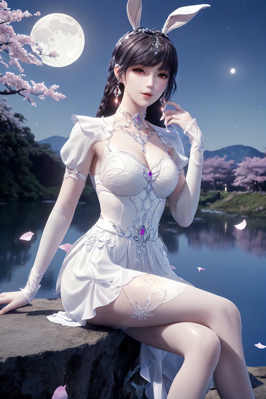 sitting, (crossed_legs), dress, chinese_clothes, long_sleeves, looking_at_viewer, (8k, RAW photo, best_quality), (highly_detailed), (masterpiece:1.2),(ultra-detailed), (extremely_detailed_cg_8k_wallpaper),(realistic:1.2), (photorealistic:1.3), (scenery, waterfall, (cherry_blossoms), (milfeulle_sakuraba), (petals, falling_petals), full_moon, moon, night, moonlight, night_sky, sky, petals, water, stone),1girl, animal_ears, rabbit_ears, solo, black_hair, ponytaiL, long_hair, jewelry, earrings, makeup, white_legwear,fingernails,nail_polish,photo_\(medium\),(crystal_texture_skin:1.3), (shiny_skin:1.4),(an_extremely_delicate_and_beautiful),<lora:syqiangk_加强_重置_小舞_神装_C9_5.2:0.8>,