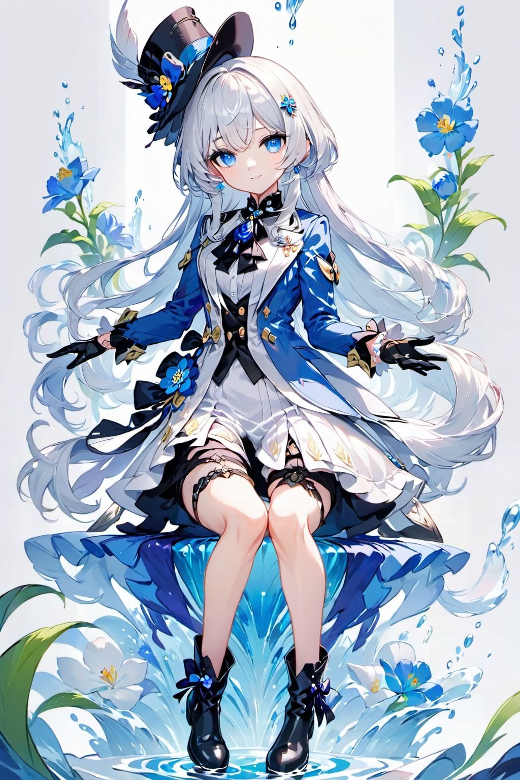 masterpiece,best quality,cinematic,dynamic lighting,Furina,1girl,solo,long hair,looking at viewer,smile,bangs,blue eyes,simple background,shirt,gloves,long sleeves,hat,white background,bow,hair between eyes,jewelry,sitting,closed mouth,blue hair,jacket,full body,white shirt,flower,ahoge,white hair,boots,frills,shoes,shorts,black gloves,white gloves,signature,water,black footwear,dated,ascot,thigh strap,crossed legs,blue jacket,brooch,blue headwear,blue flower,white shorts,tilted headwear,blue coat,<lora:原神水神芙宁娜XL:1>,