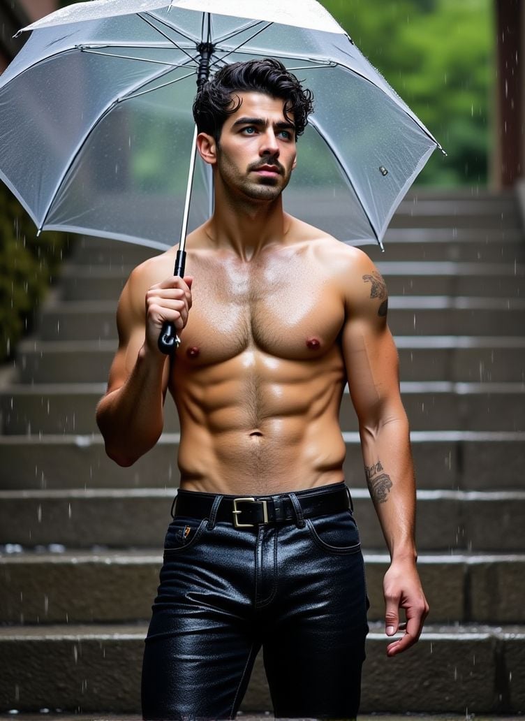 Joe Jonas ,  stands on a large stone staircase,  the rainwater cascading on the steps. He holds a transparent umbrella in...