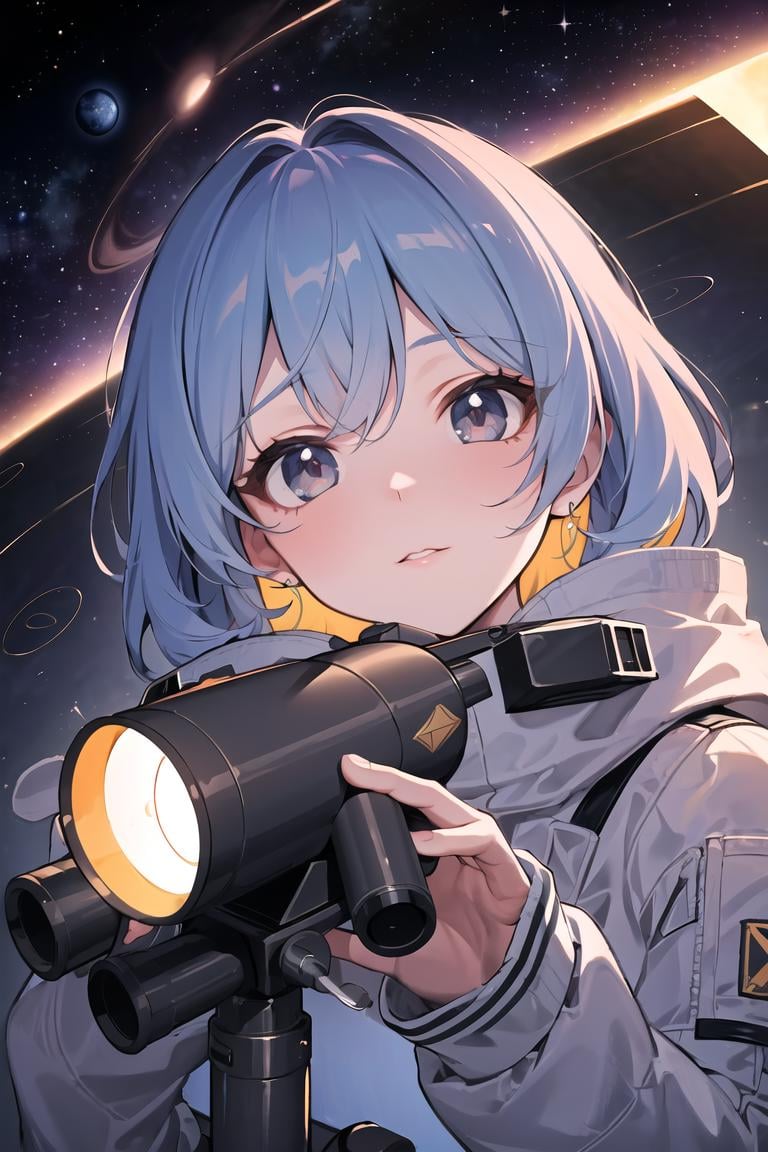 best quality, (masterpiece), Ultra-detailed, (bold line), (highres:1.2), dramatic light, 1girl, observatory, looking at space through long Telescope, space, planets, falling stars, light lines among planets, beutiful face, cogwheels, intricate details, wide view, (telescope on space)